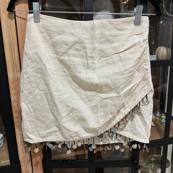 Zara Linen skirt coins embellished wrap mini beige sand tassels high waisted - Picture 11 of 11